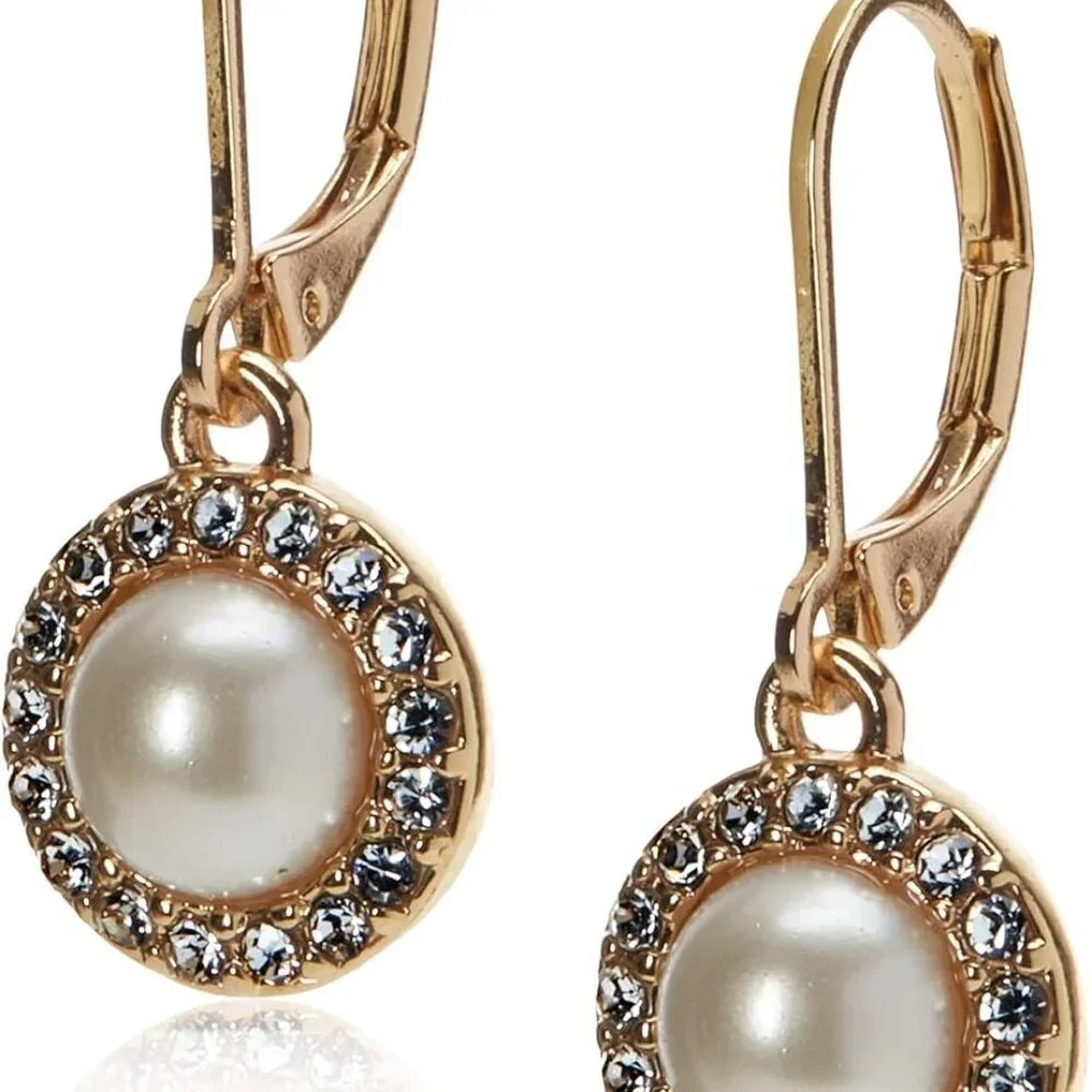 Pearl Halo Drop Earrings Glass Base Womens White Jewelry Elegant Gift - Picture 1 of 3